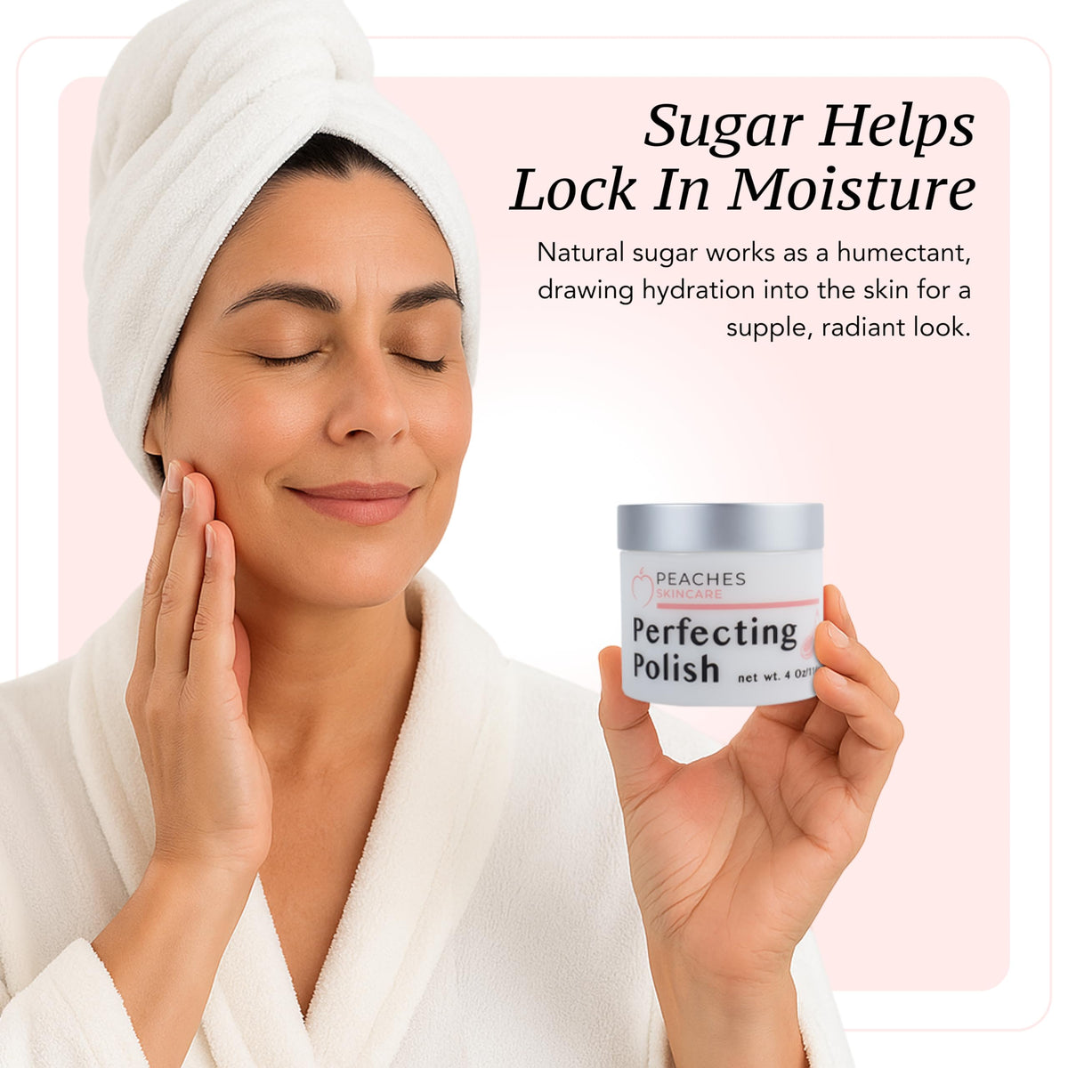 Peaches Skin Care massage application demonstrates circular motion for even texture.