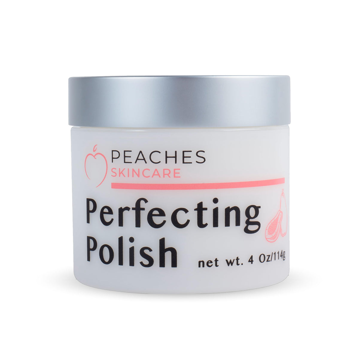 Peaches Skin Care Perfecting Polish jar demonstrates gentle exfoliation for smoother skin.