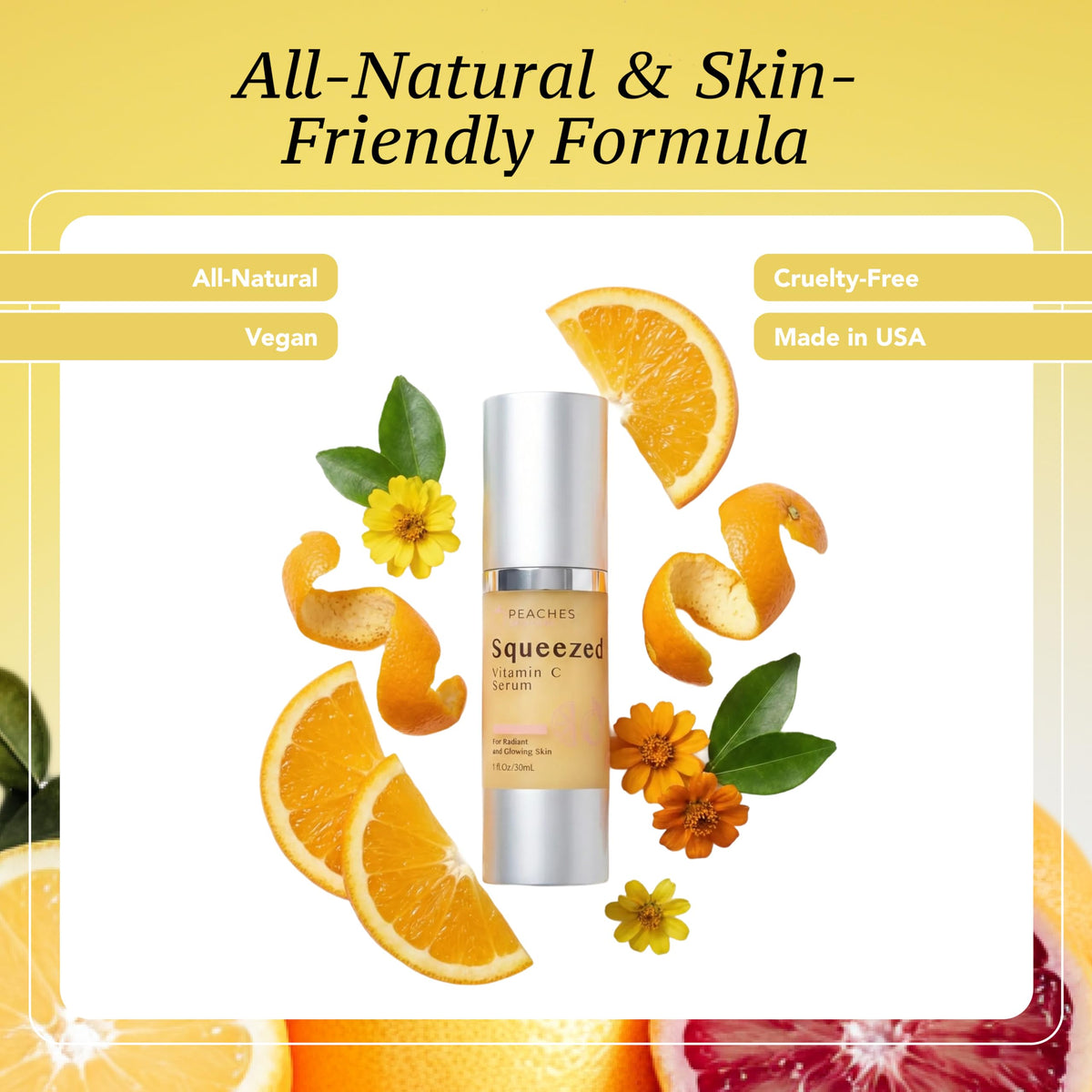 Peaches Skin Care Squeezed Vitamin C Serum CoQ10 support for firm-looking, resilient skin