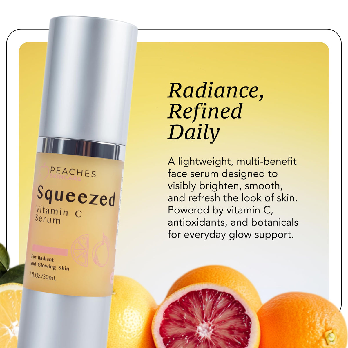 Peaches Skin Care Squeezed Vitamin C Serum dropper for precise, quick absorption