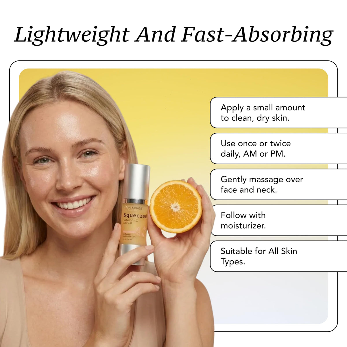 Peaches Skin Care Squeezed Vitamin C Serum smooth texture ready for layering under moisturizer
