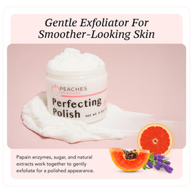 Peaches Skin Care sugar grains closeup shows mild scrub for luminous complexion.