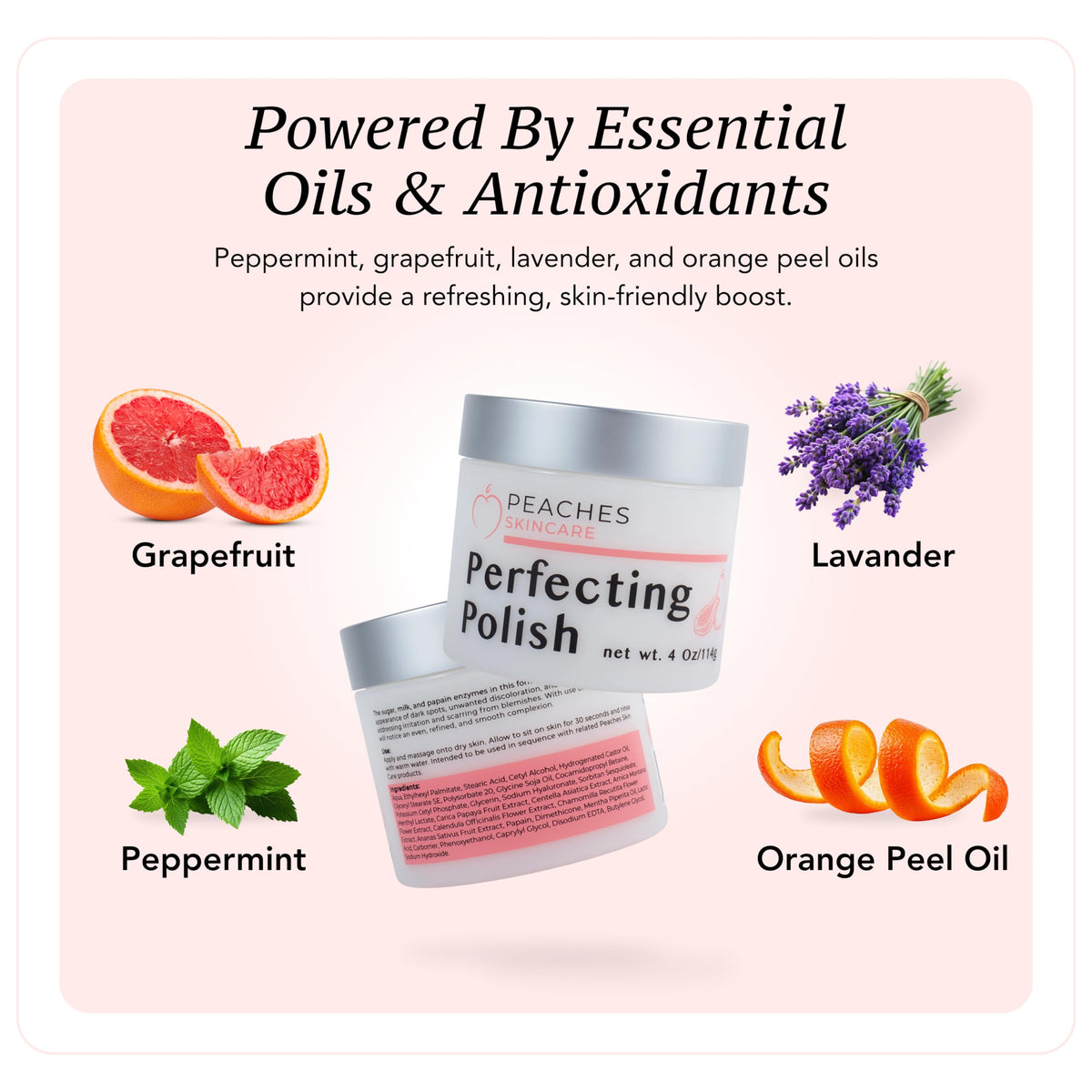 Peaches Skin Care textured scrub closeup reveals fine granules for controlled exfoliation.