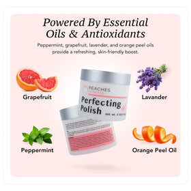 Peaches Skin Care textured scrub closeup reveals fine granules for controlled exfoliation.