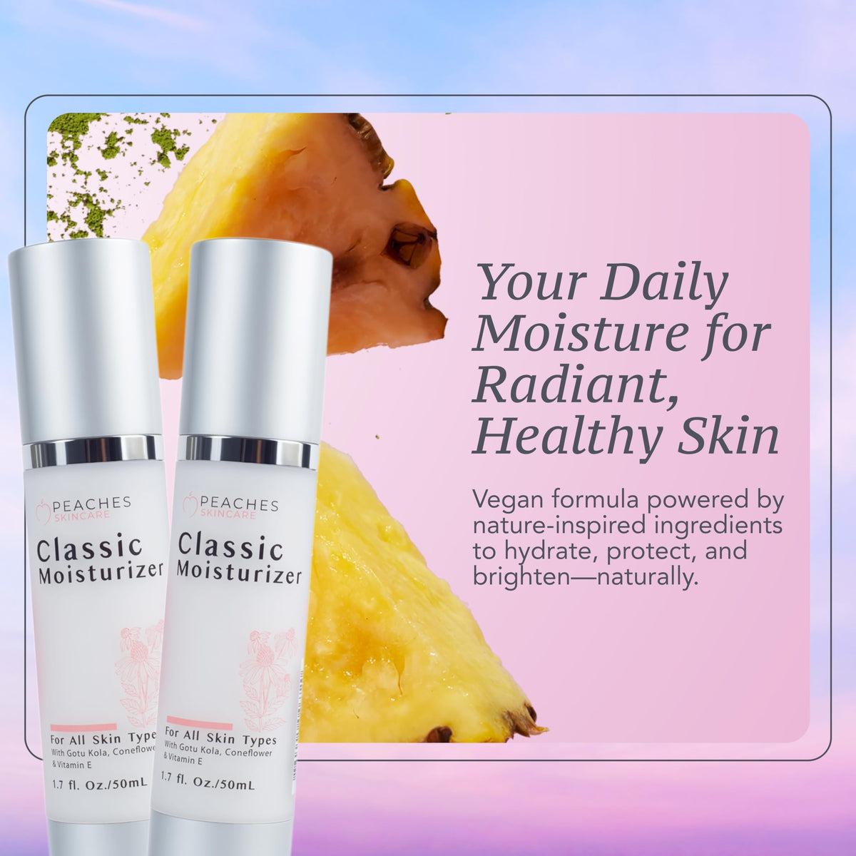 Peaches Skin Care travel-size moisturizer bottle ready for on-the-go routine