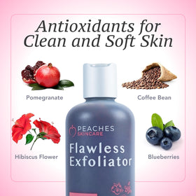 Peaches Skin Care vegan face exfoliator bottle on vanity for daily skincare.