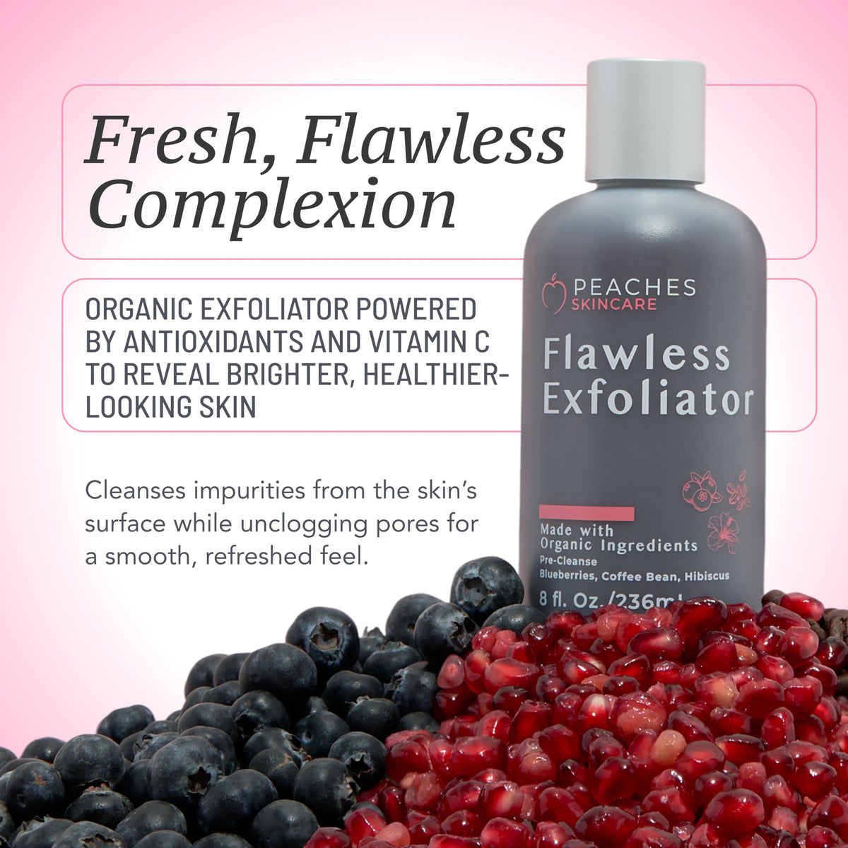 Peaches Skin Care vegan face exfoliator scrub with coffee beans for gentle dead-skin removal.