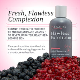 Peaches Skin Care vegan face exfoliator scrub with coffee beans for gentle dead-skin removal.