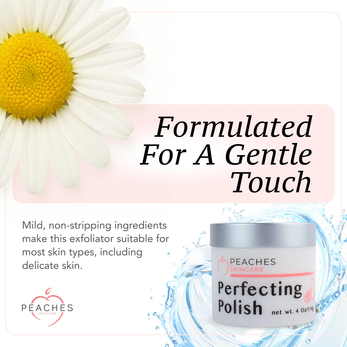 Peaches Skin Care vegan ingredients tray presents plant-based formula for clean routine.