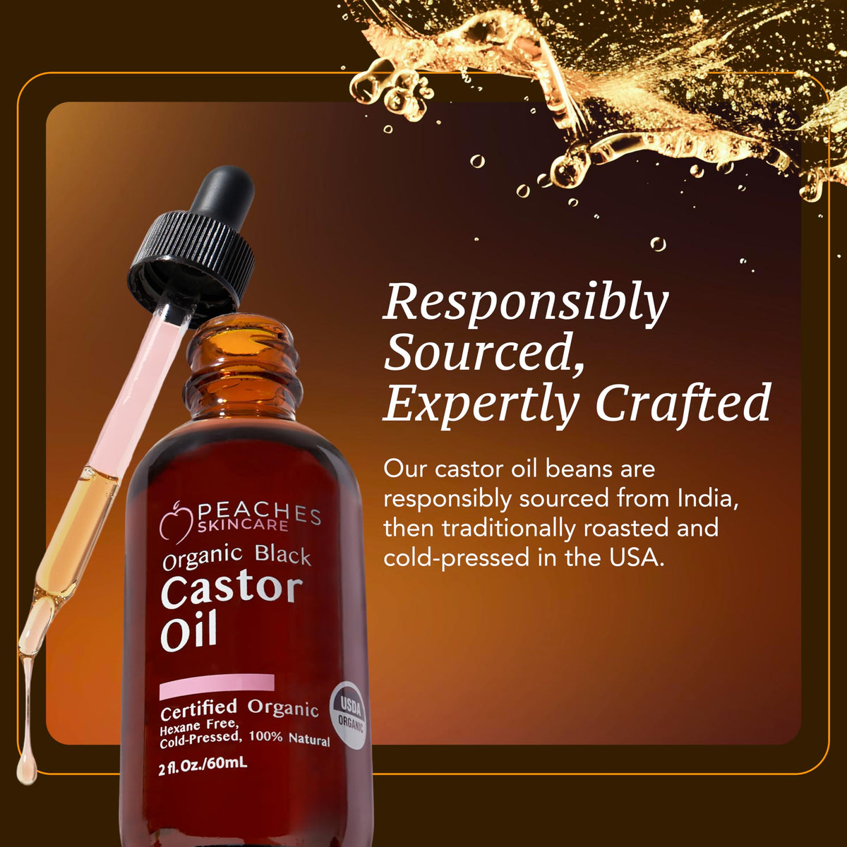 Peaches Skin Care vitamin E enriched oil in amber bottle suggests antioxidant support.