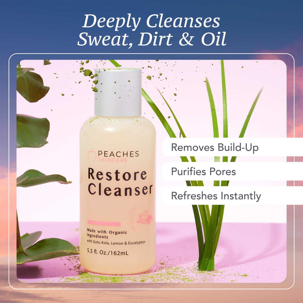 Gotu kola and rose hip oils in Peaches Skincare post-workout wash nourish softly