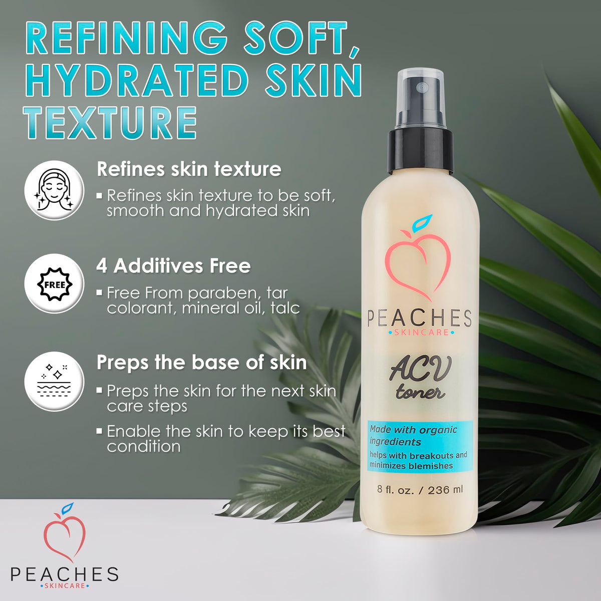 Peaches Skin Care toner staged with other skincare for routine clarity