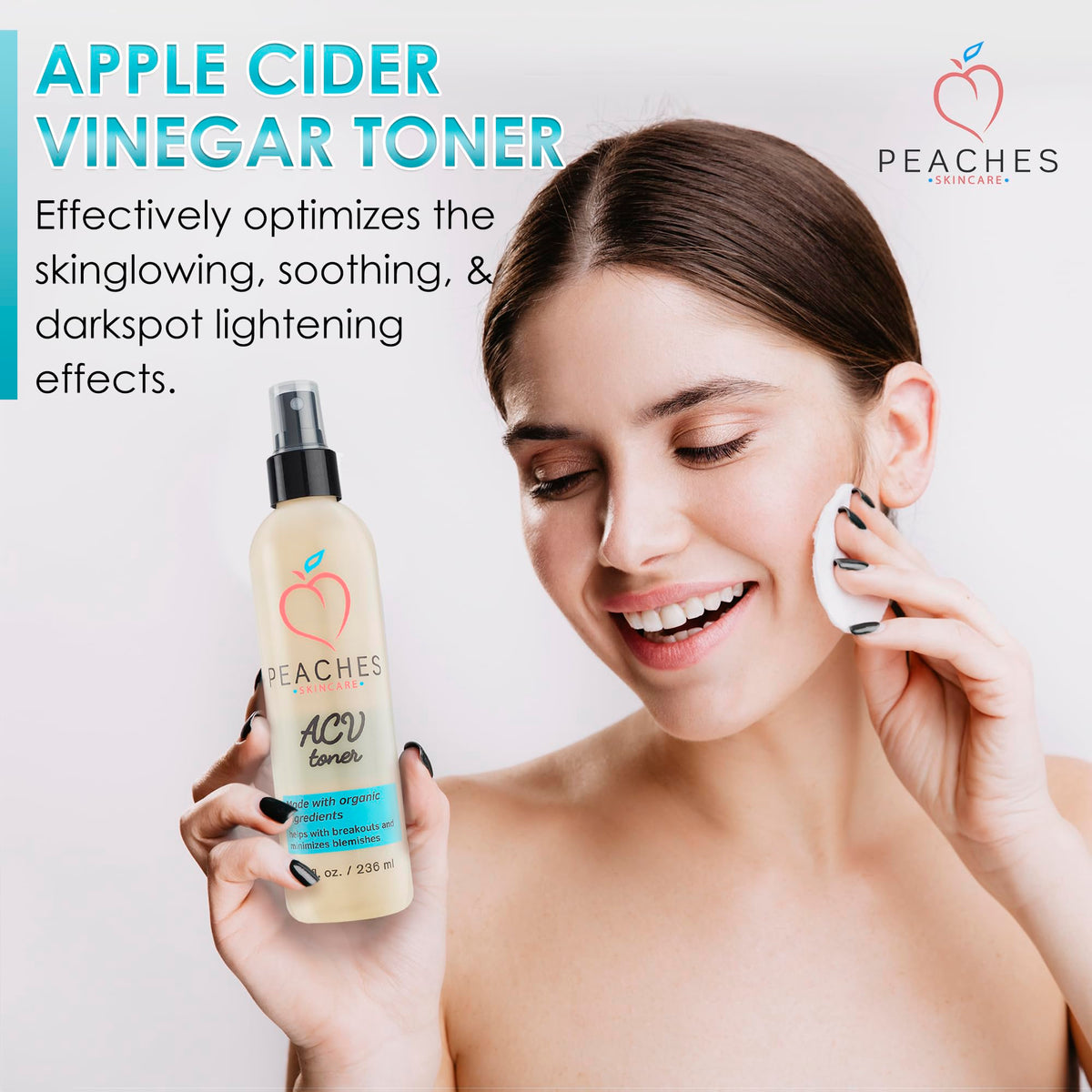 Peaches Skin Care 8 oz bottle held in hand for size and scale