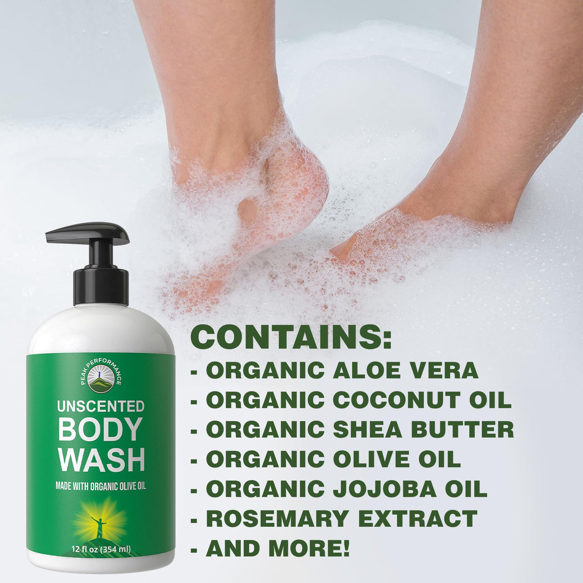 Peak Performance Pure Unscented Body Wash with jojoba oil for gentle daily use.