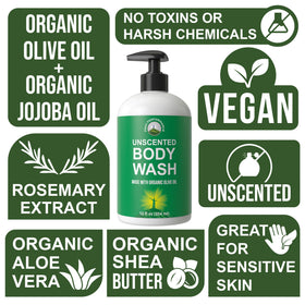 Peak Performance Pure Unscented Body Wash with olive oil for nourished, organic skin.