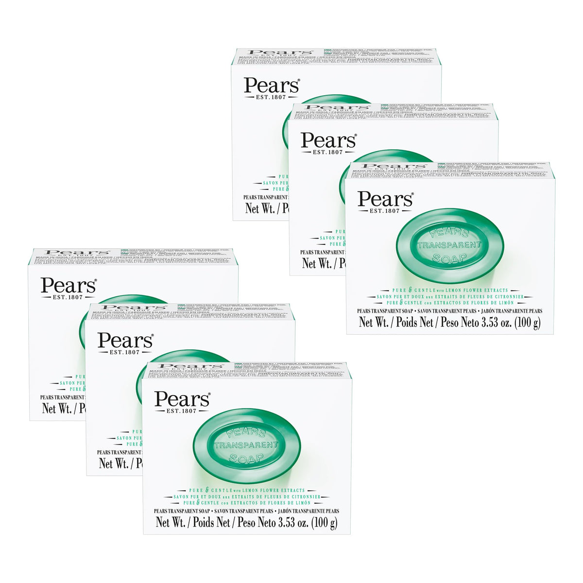 Pears green translucent soap bar delivers gentle hydration for daily cleansing.