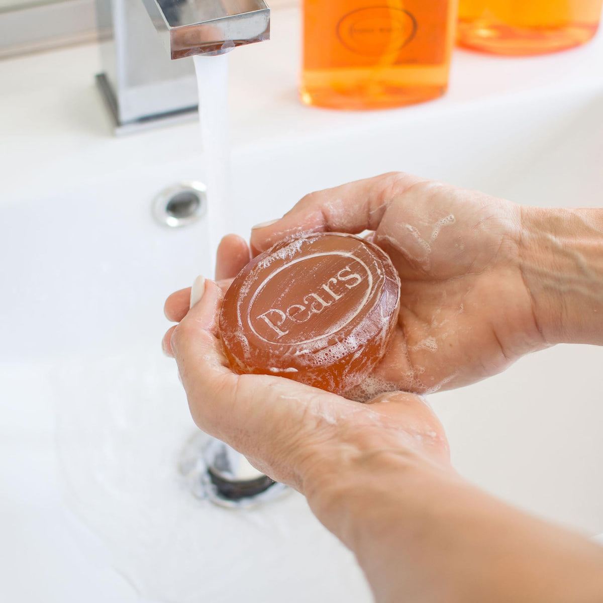 Pears six-pack soap highlights gentle cleansing with natural oils.