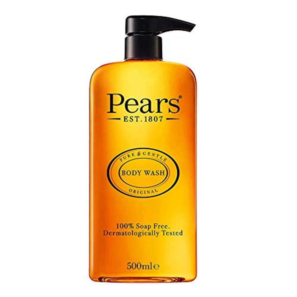 Pears Original Body Wash bottle with pump on bathroom shelf for daily gentle cleansing.