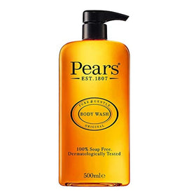 Pears Original Body Wash bottle with pump on bathroom shelf for daily gentle cleansing.