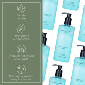 Hand wash on bathroom shelf adding elegant touch to decor.
