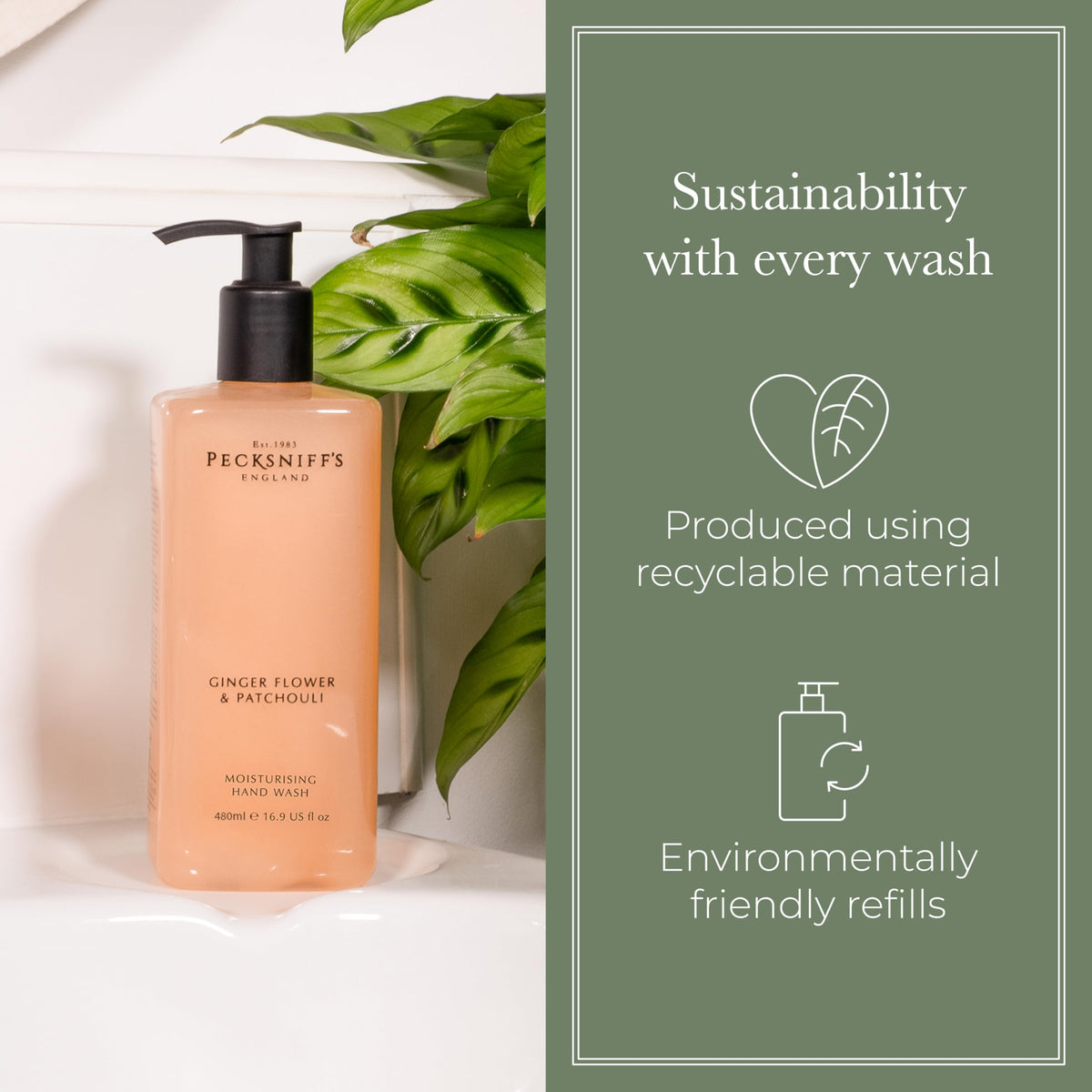 Pecksniff's bottle placed in a guest bathroom setting with welcoming aroma
