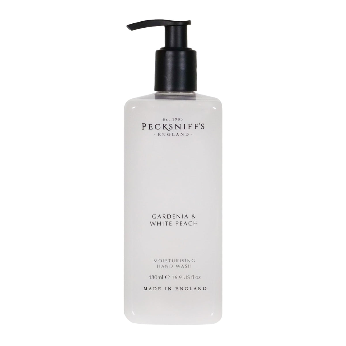 Pecksniff's Gardenia and White Peach hand wash bottle promotes soft, hydrated skin.