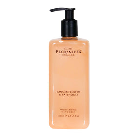 Pecksniff's Ginger Flower and Patchouli hand wash bottle front view with luxurious fragrance for daily use