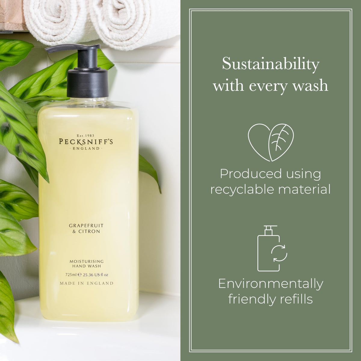 Pecksniff's Grapefruit & Citron hand wash angled view shows sleek, premium bottle design.