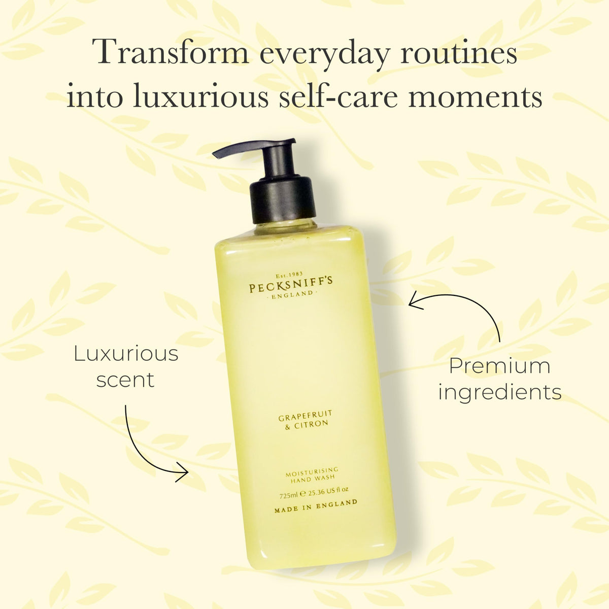 Pecksniff's Grapefruit & Citron hand wash label closeup highlights premium ingredients for moisturized skin.