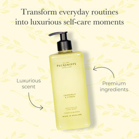 Pecksniff's Grapefruit & Citron hand wash label closeup highlights premium ingredients for moisturized skin.