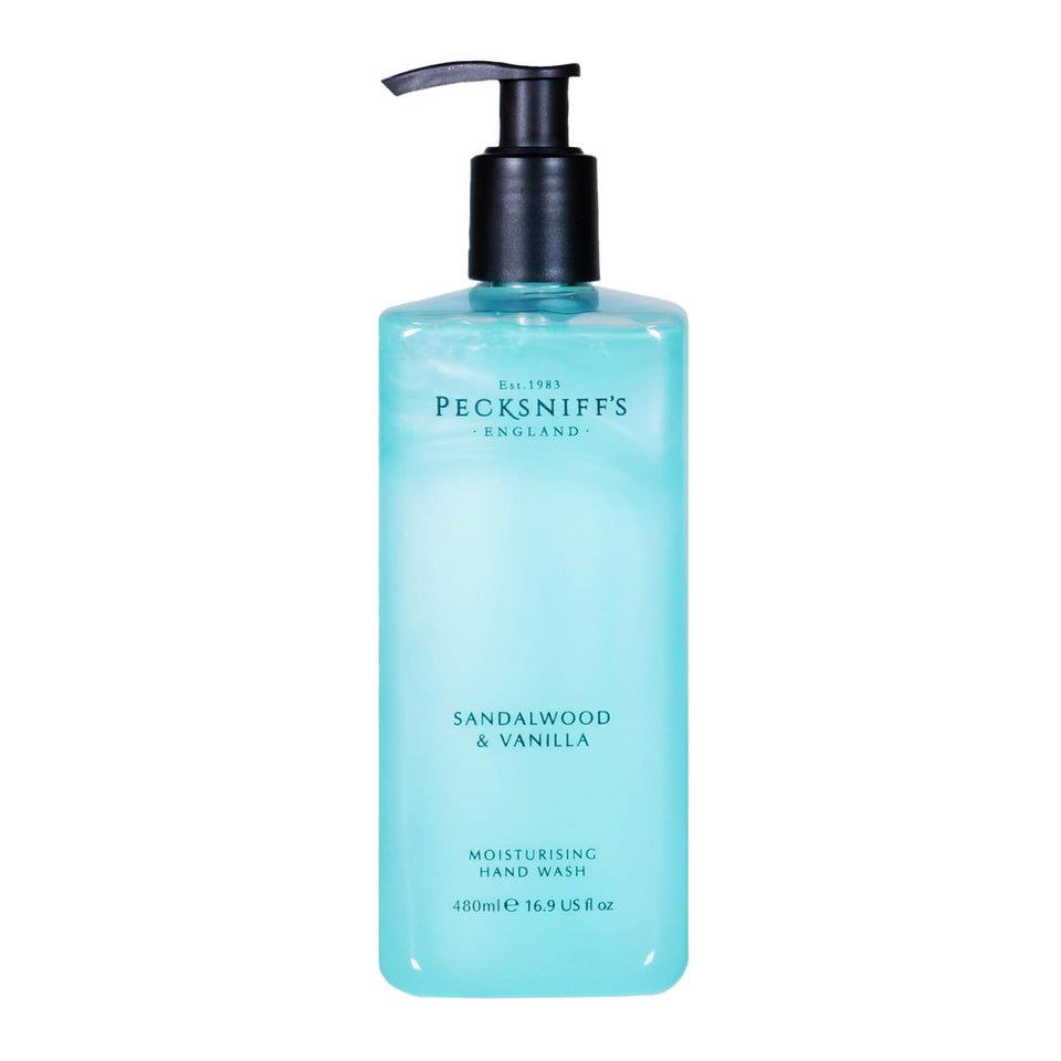 Pecksniff's sandalwood-vanilla hand wash bottle with luxurious aroma for daily use.