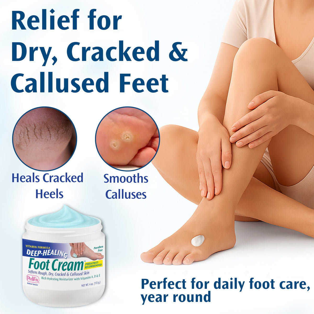 Cracked heels repair illustration with Pedifix foot cream