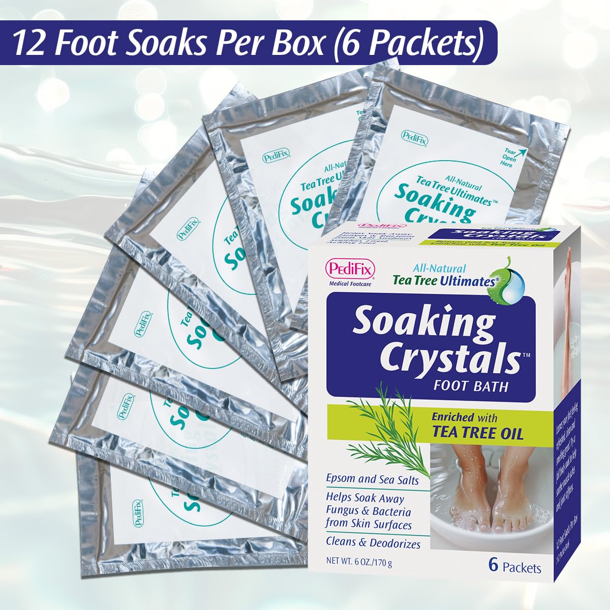 Pedifix tea tree oil foot bath offers natural deodorizing and refreshing properties.