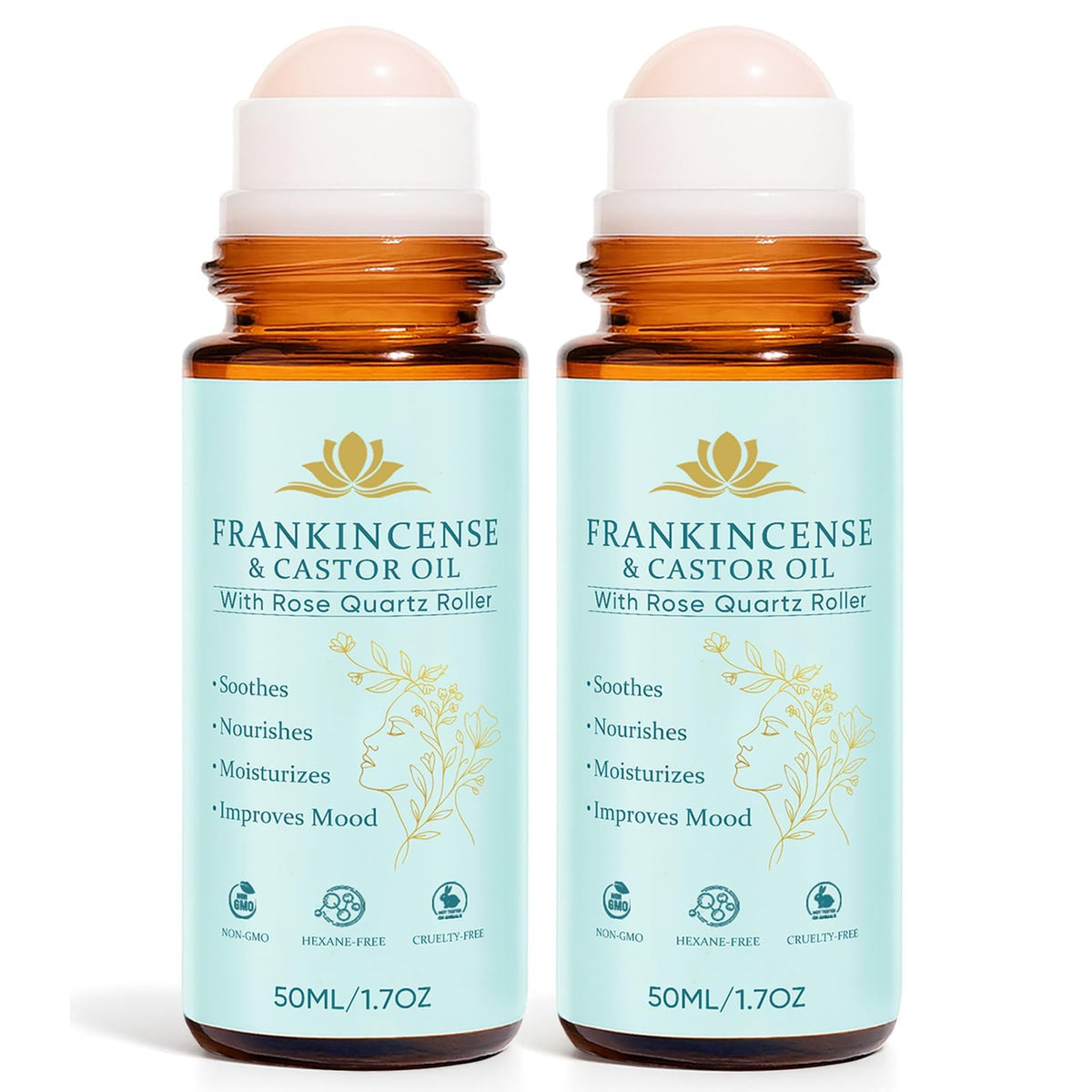 Peehss Frankincense and Castor Roll-On bottle with Rose Quartz roller for facial moisture