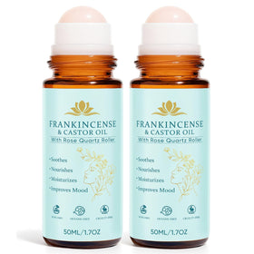 Peehss Frankincense and Castor Roll-On bottle with Rose Quartz roller for facial moisture