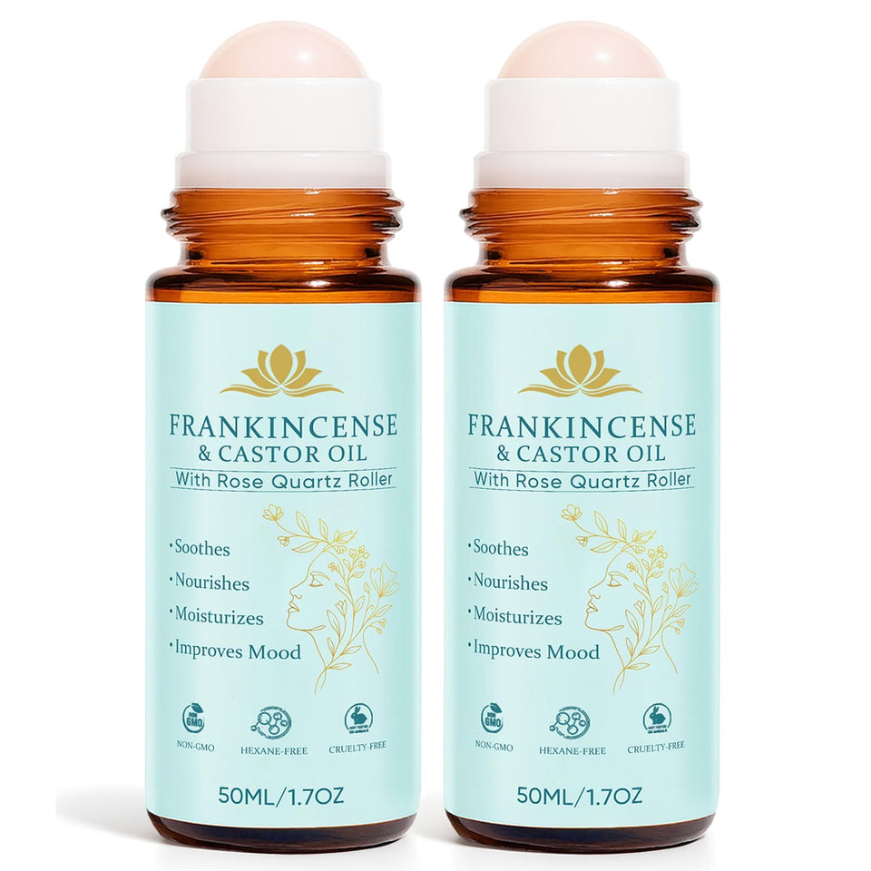 Peehss Frankincense and Castor Roll-On bottle with Rose Quartz roller for facial moisture