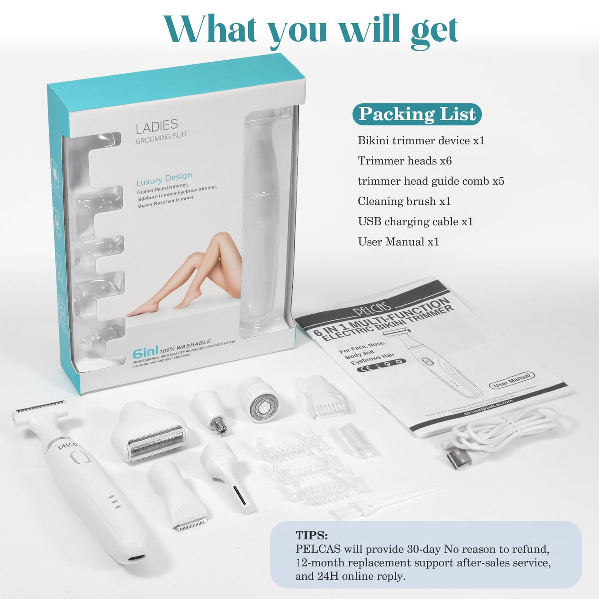 PELCA S Cleaning brush and USB charging cable included for maintenance.