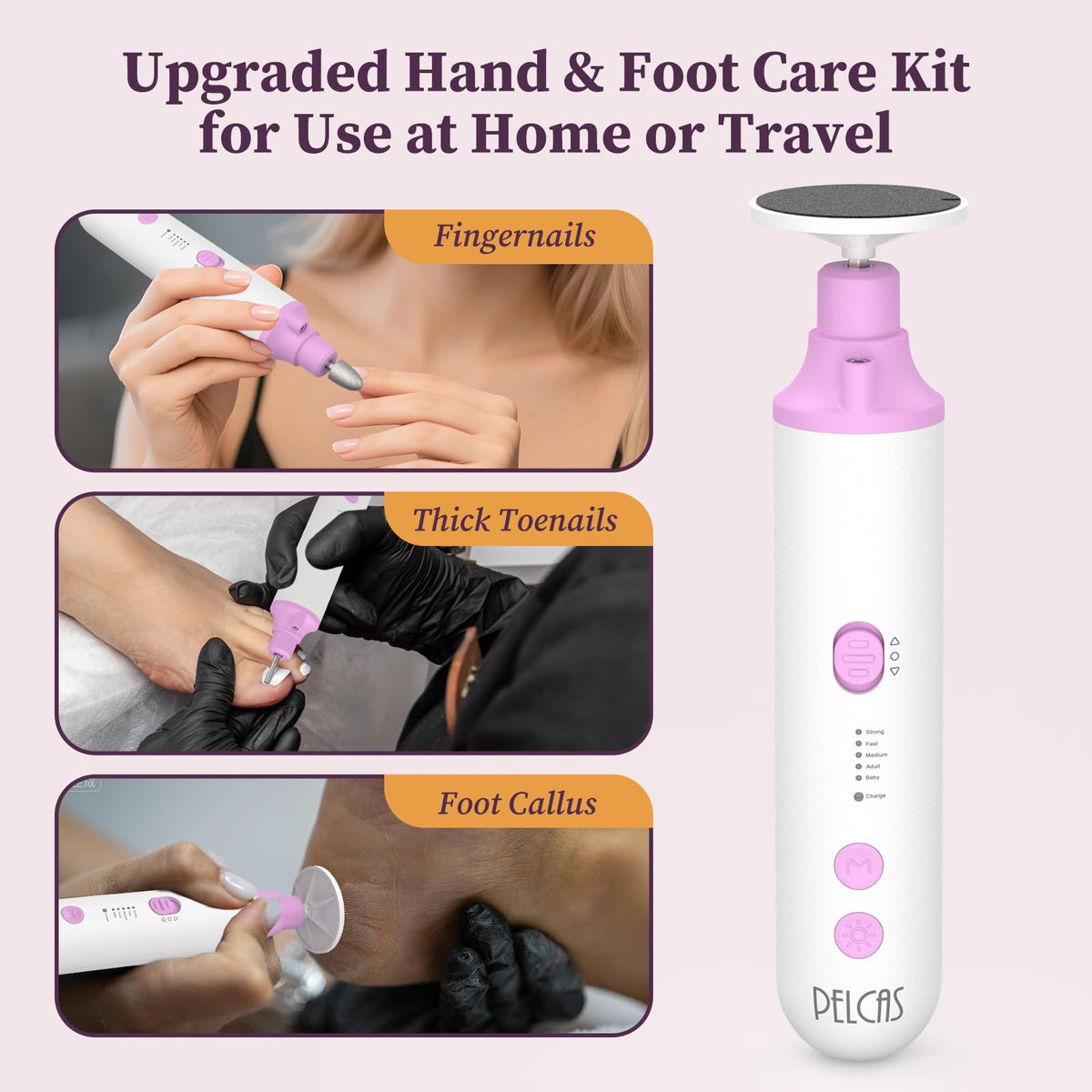 PEL-CAS five-speed nail file enables gentle to intensive polishing for different needs.