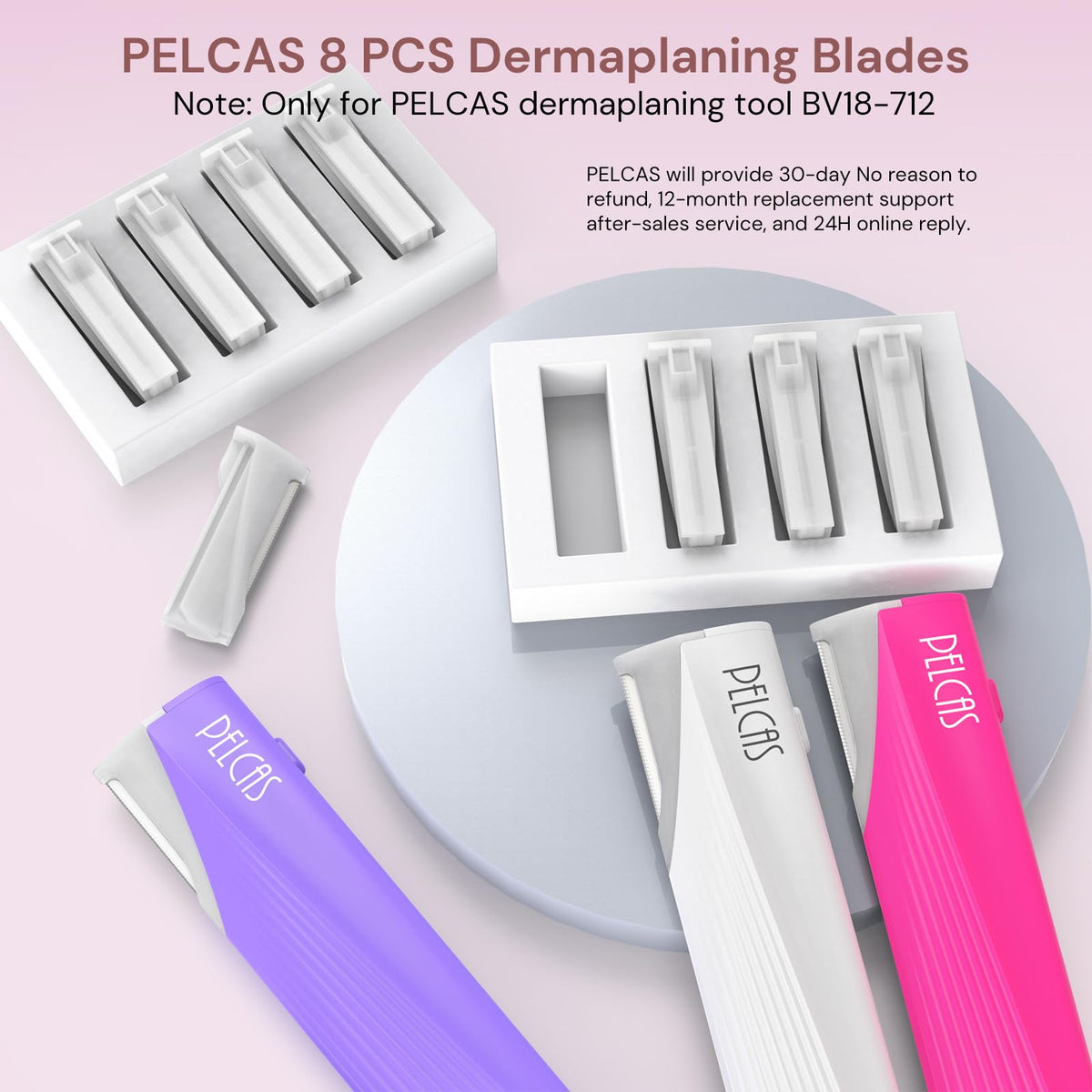 Eight blades packaged for convenient, long-term facial care routines