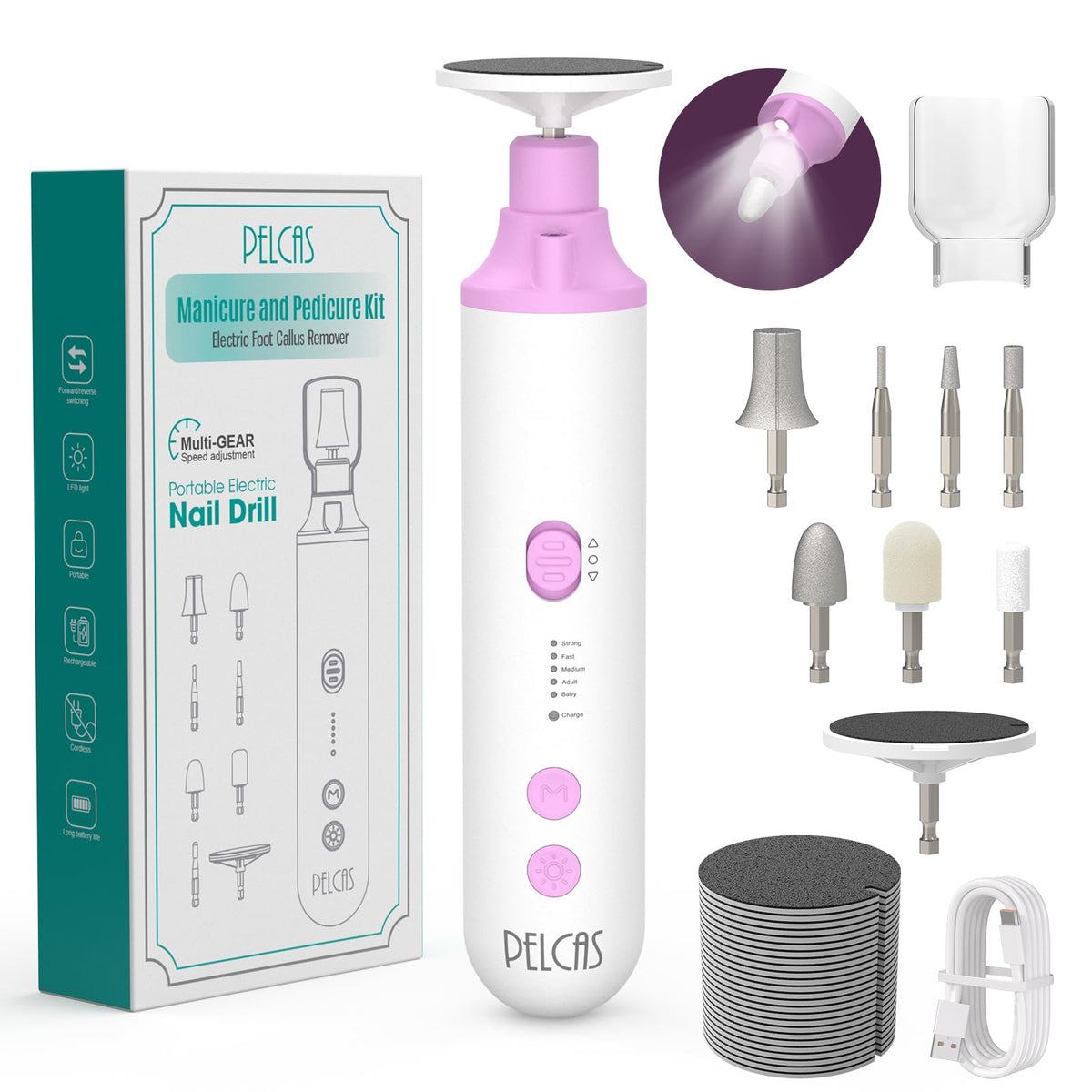 PEL-CAS toenail grinder 8-in-1 kit demonstrates compact ergonomic design for home grooming.