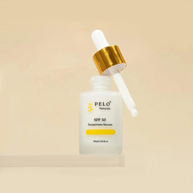 Travel-size PELO Naturals SPF 50 Serum for on-the-go protection.