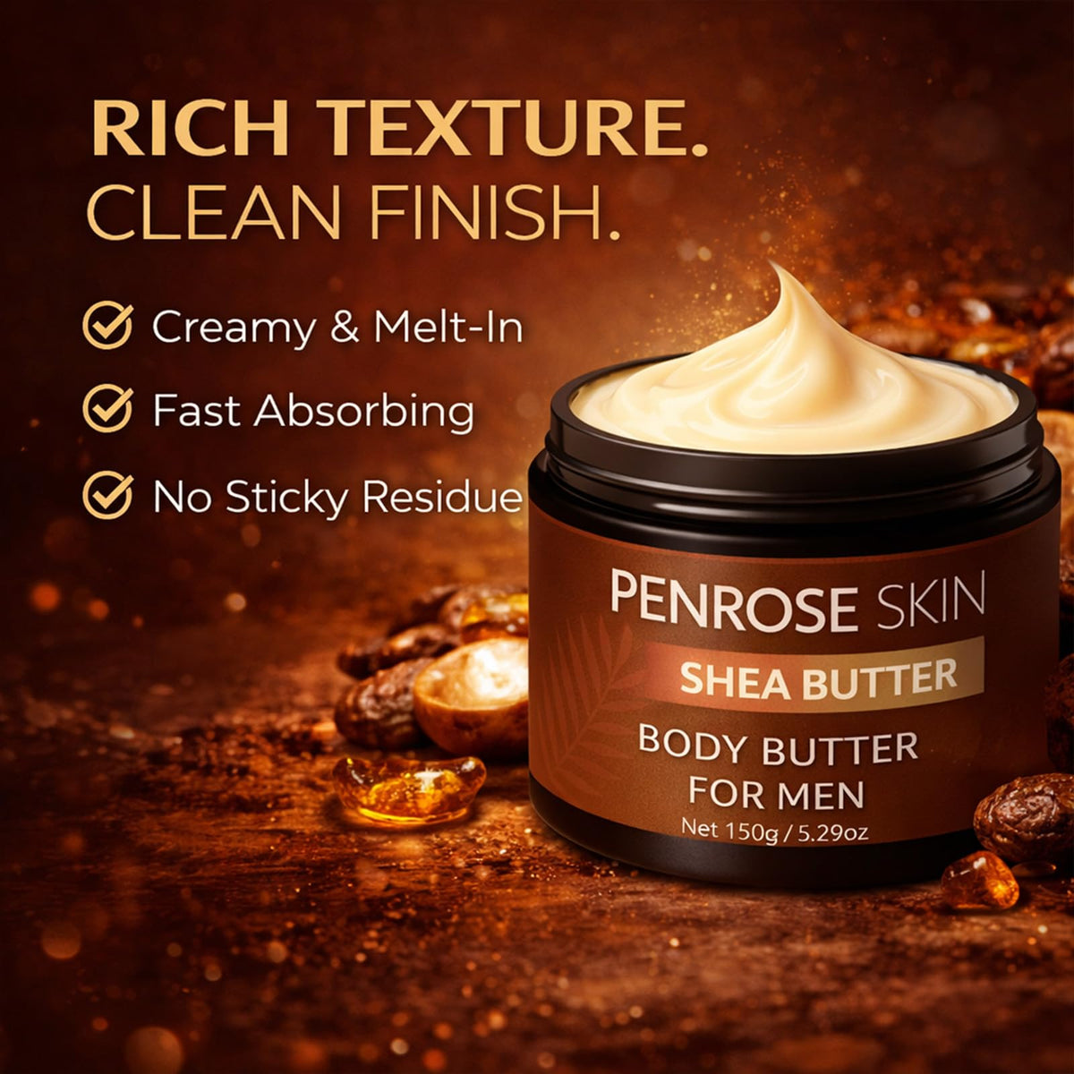 Penrose Skin Body Butter texture close-up illustrating quick absorption and non-greasy feel.