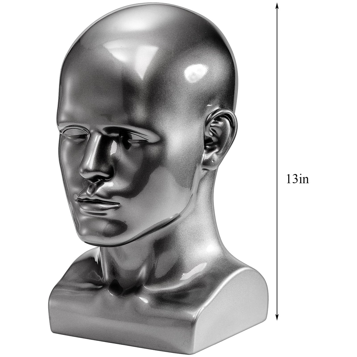 Peohud male mannequin head with size dimensions for accurate wig and accessory fitting.