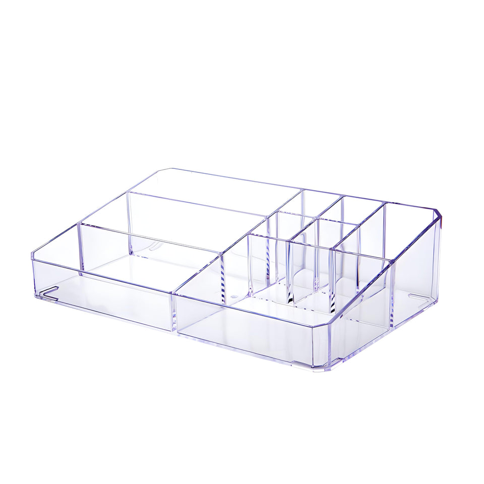 PeoTRIOL clear makeup organizer front view with easy-access cosmetics.