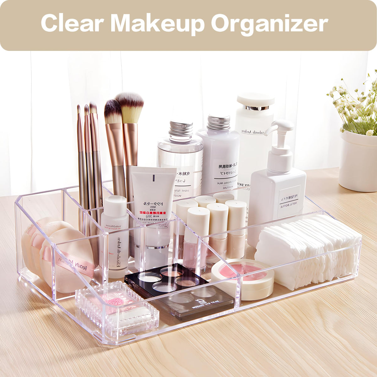 PeoTRIOL clear makeup organizer top view showing open-top access.
