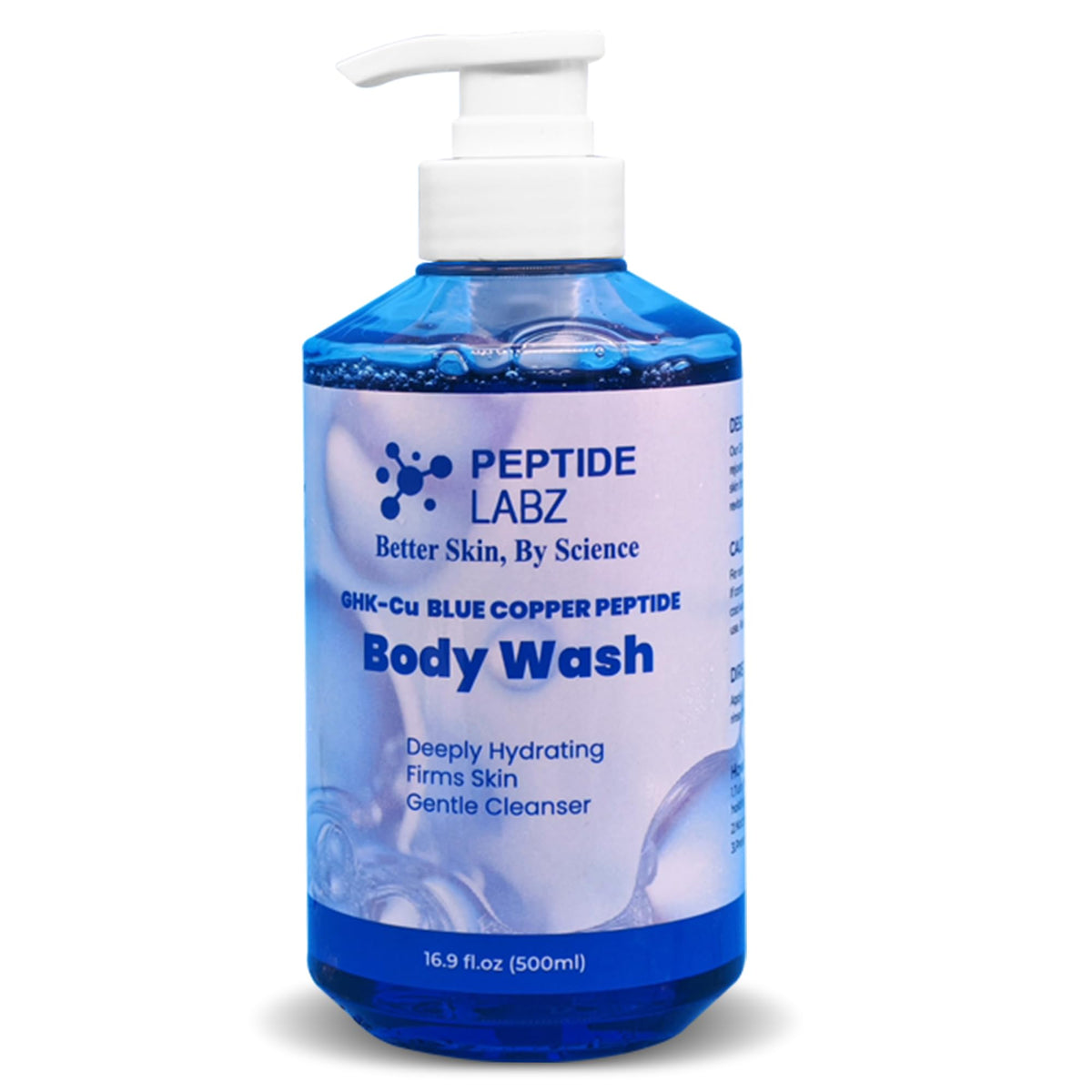 PeptideLabz Copper Peptide Body Wash bottle showcases hydrating formula.