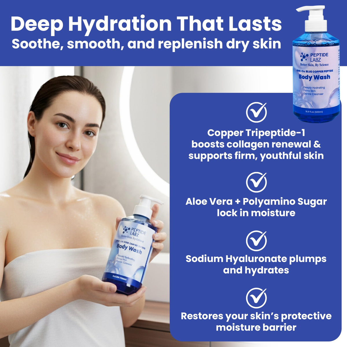 PeptideLabz soothing formula image suggests calming cleansing experience.