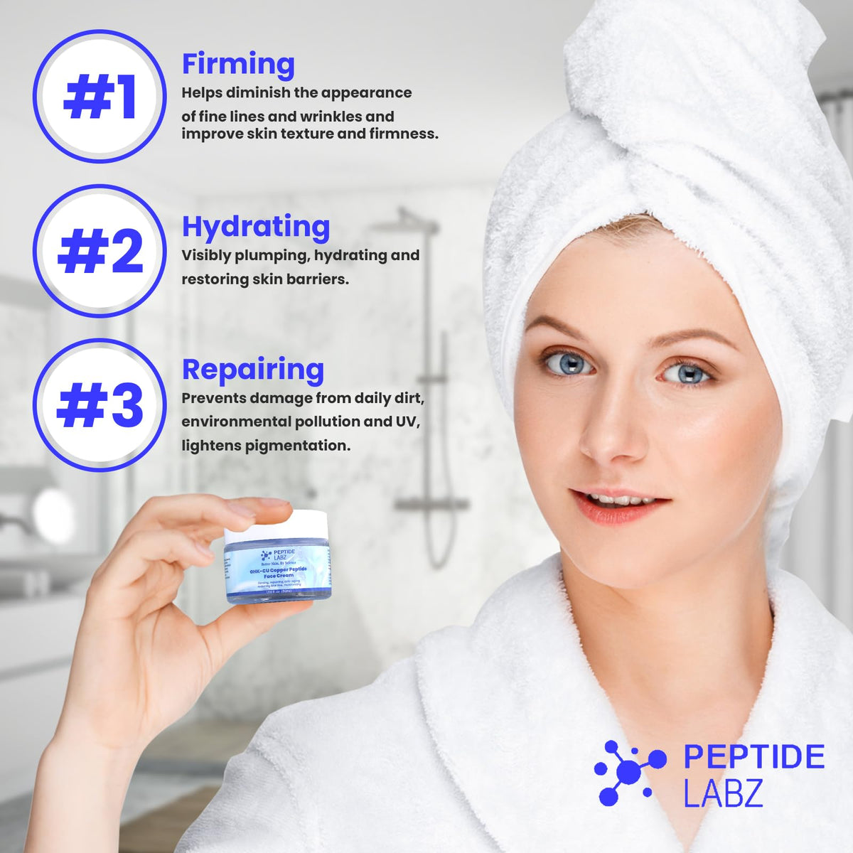 PeptideLabz Cream pump enables controlled application for daily firming.