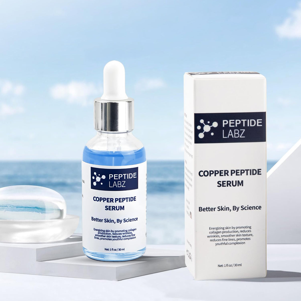PeptideLabz Copper Peptide Serum on bathroom shelf supporting radiant complexion