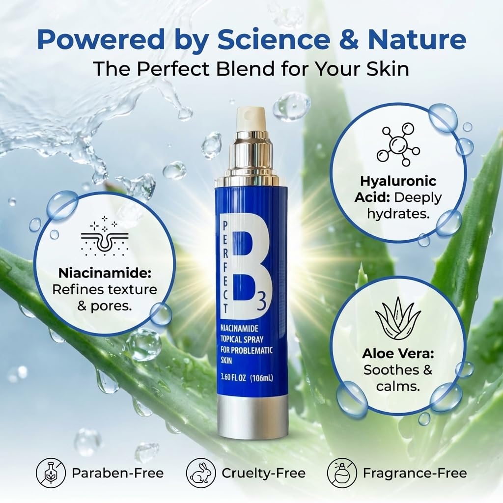 Perfect B3 Niacinamide Spray highlighting 6-in-1 benefits